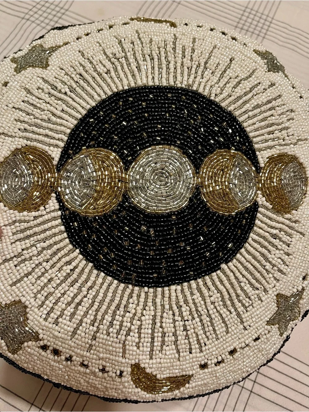 Round FULLY BEADED Moon Phase Pillow in Black, White & Gold CELESTIAL DECOR